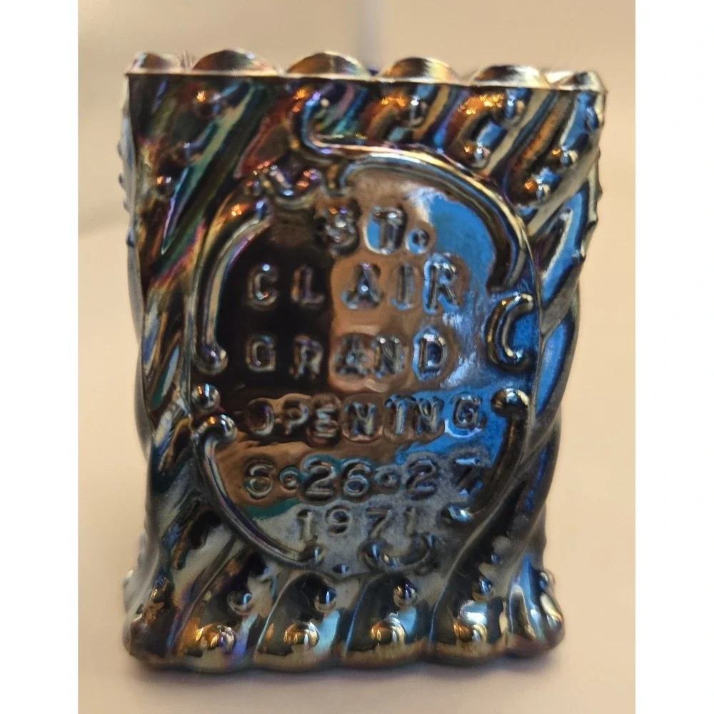 Vintage Toothpick Holder St Clair Grand Opening 1971. Cobalt Blue Carnival Glass